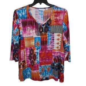 Susan Graver | Multi Color Print Stretch Knit Top V Neck | Size 1X